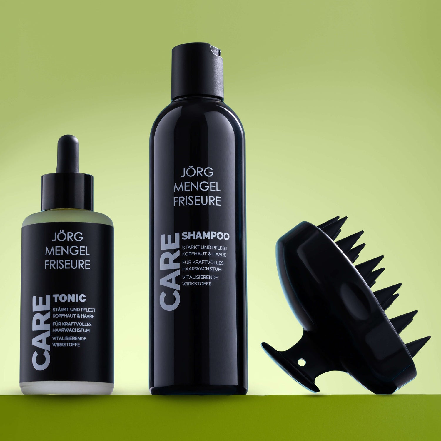 Joerg Mengel Friseure Care Serie Shampoo Tonic Massagebuerste
